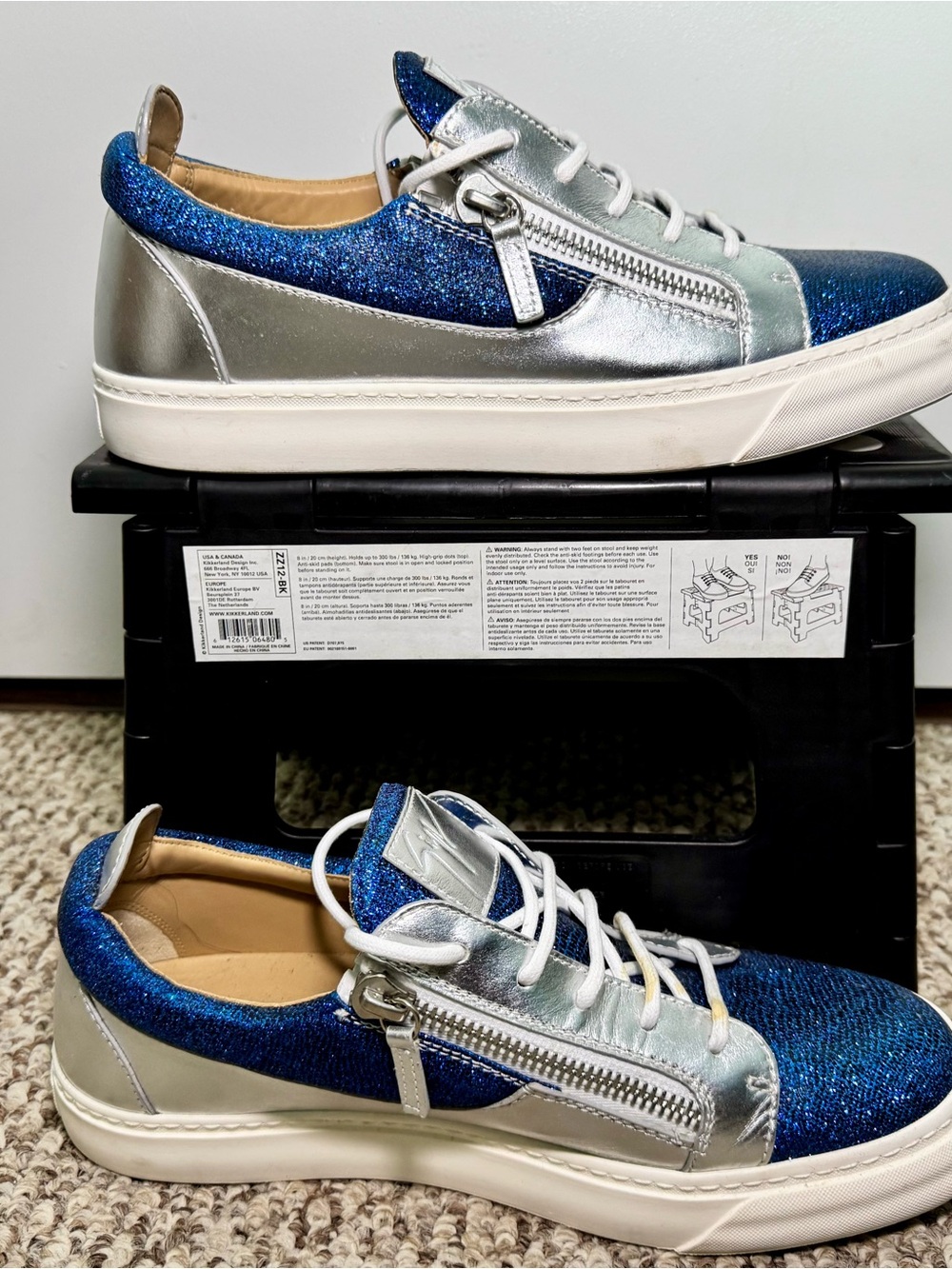 Giuseppe Zanotti Blue Glitter & Silver Metallic Low-Top Sneakers